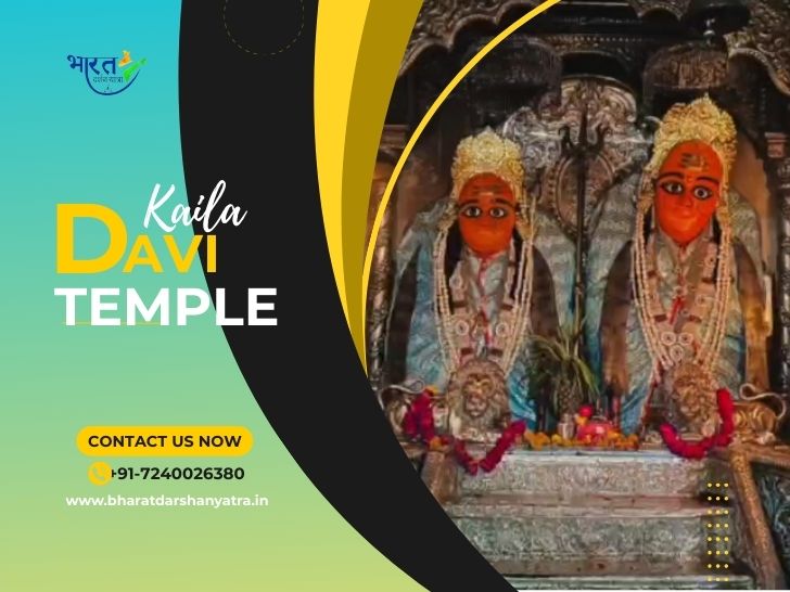 Kaila Devi Temple golden dome against Aravalli Hills backdrop" "Devotees performing Kanak-Dandoti ritual during Chaitra fair Karauli" "Marble courtyard and red sandstone architecture of Kaila Devi Temple" "Sacred Kalisil River flowing beside Kaila Devi Temple Karauli" "Traditional Languriya dance performance at Kaila Devi fair Rajasthan" "Kaila devi yatra by Bharat Darshan Yatra"